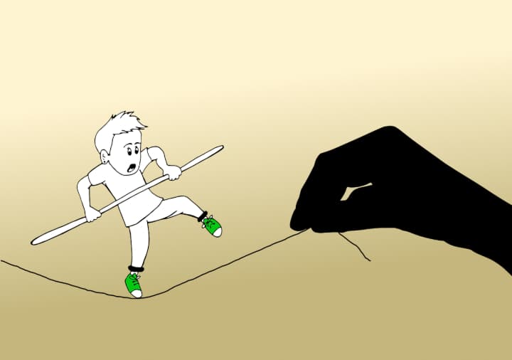 O desenho mostra uma pessoa na corda-bamba, que é segurada por uma mão, representando a síndrome de borderline