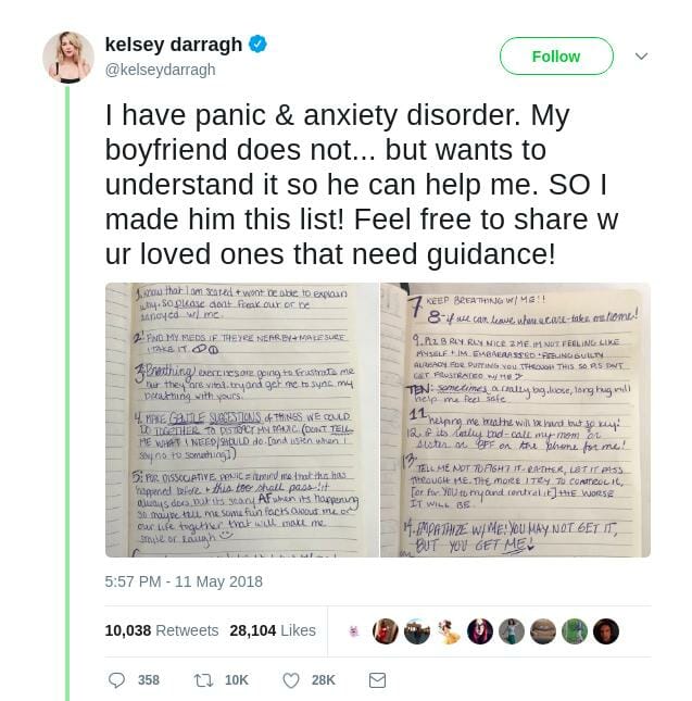Twitter da Kelsey Darragh com as dicas para o namorado sobre ansiedade e pânico